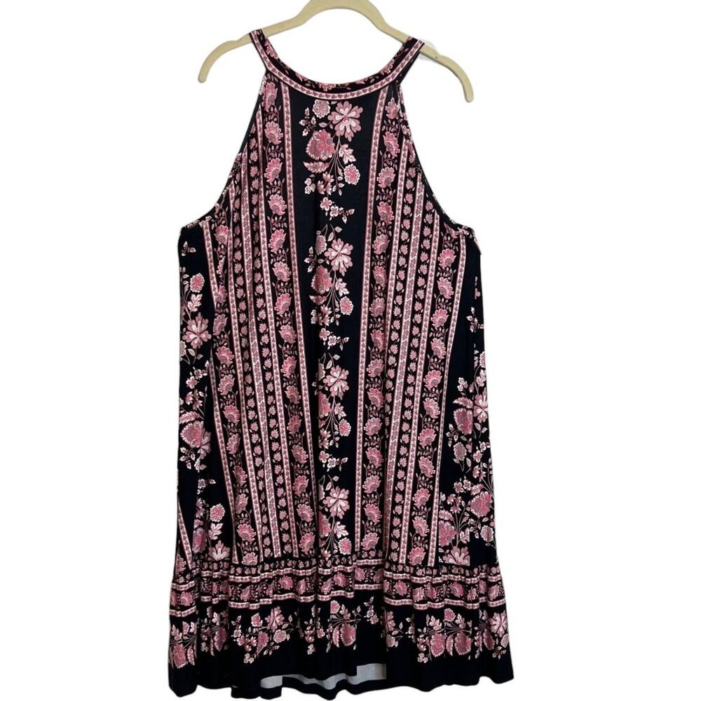 LOFT Racerback Womens Sleeveless Dress L Black Pink Floral Striped Print